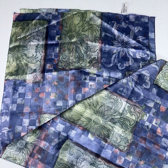 Federico Porta Women’s Floral Checker Scarf Blue Green 62x15 - Picture 2 of 4